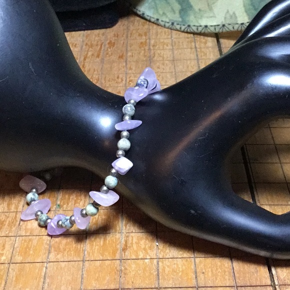 Semiprecious Jasper Stone Amethyst Crystal Brass 8”L Bracelet EVC Barrel Clasp - Picture 2 of 7